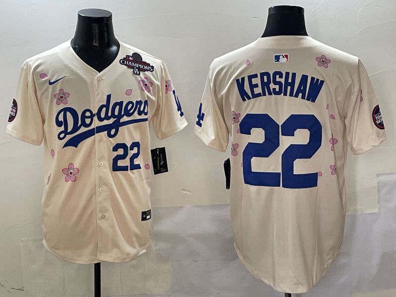 Men Los Angeles Dodgers #22 Kershaw Cream White Blue Sakura Edition 2025 Nike MLB Jersey style 10